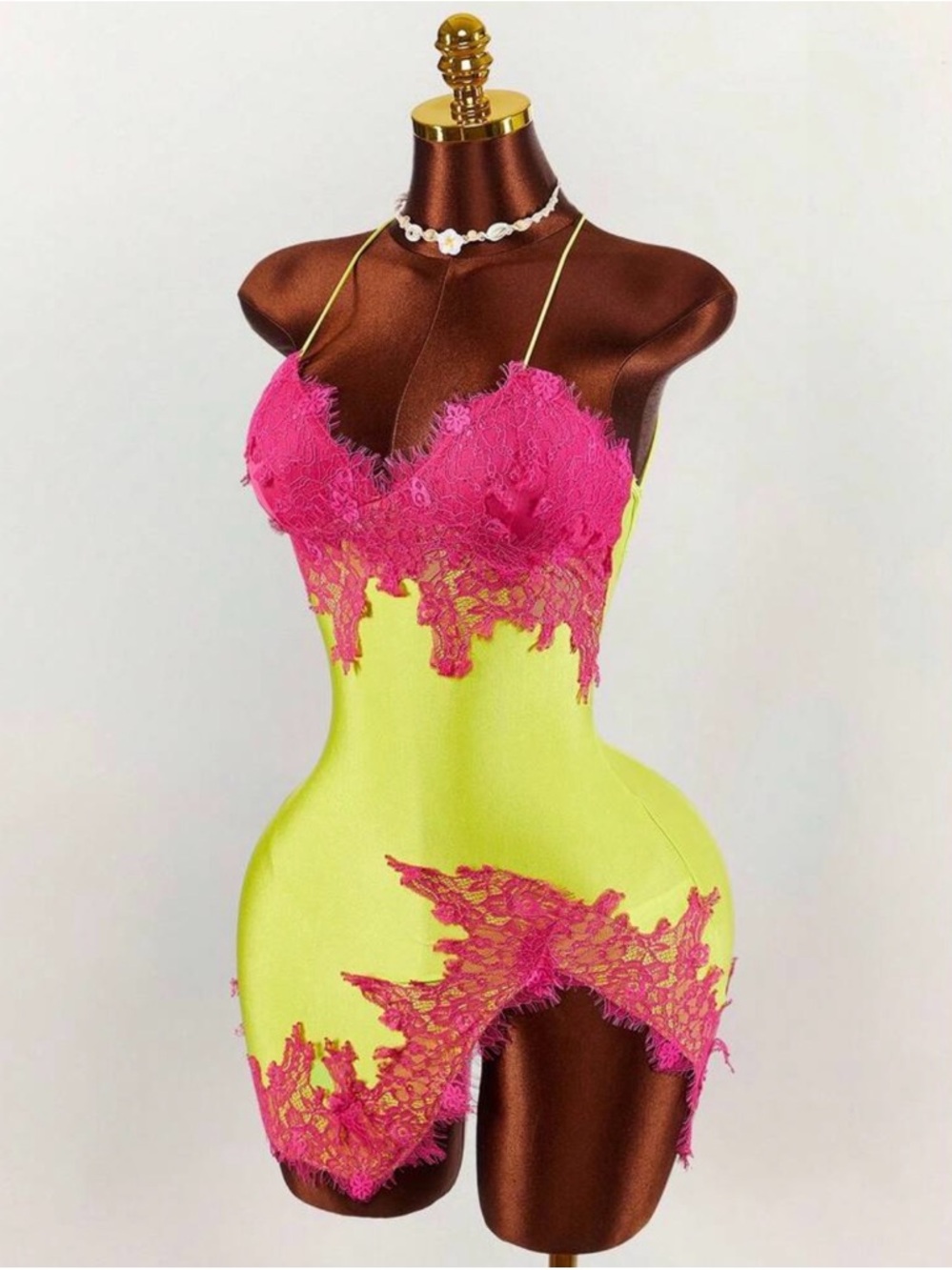 Neon Yellow & Hot Pink Lace Bodycon Mini Dress every size available